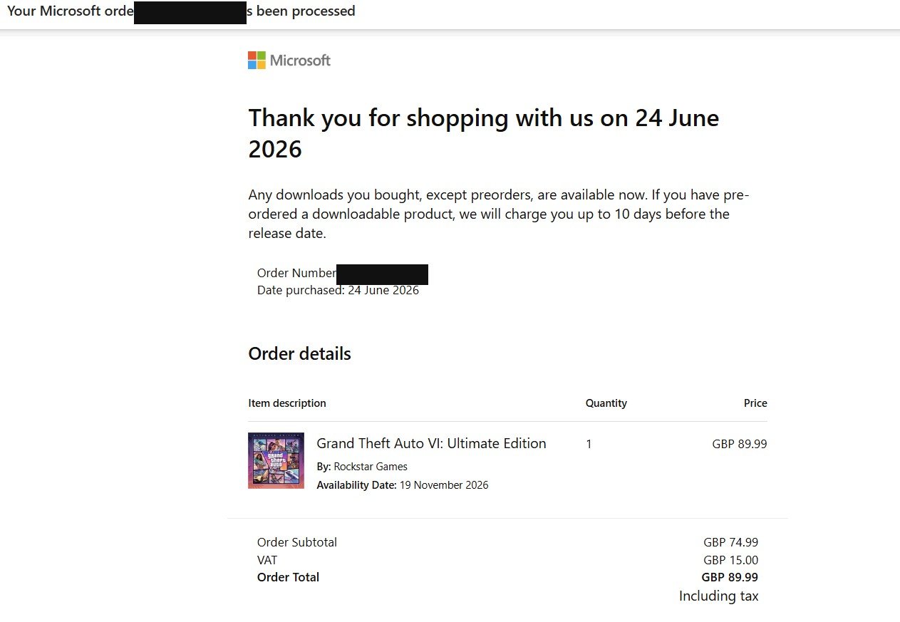 Raycin GTA 6 Ultimate Edition pre-order receipt, Microsoft Store, dated 24 June 2026